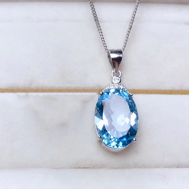 Silver Plated Anti Tarnish American Diamond Crushed Ice Cut Blue Oval Shape Pendant - MySmartBazaar