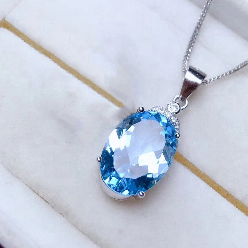Silver Plated Anti Tarnish American Diamond Crushed Ice Cut Blue Oval Shape Pendant - MySmartBazaar