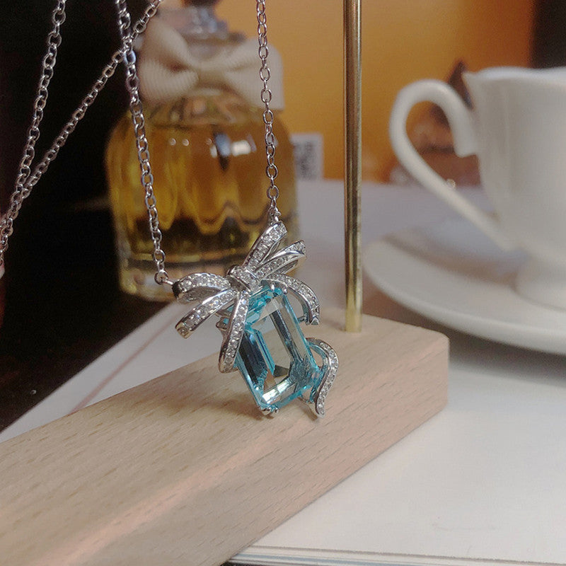 Silver Plated Anti Tarnish American Diamond Crushed Ice Cut Blue Geometrical Contemporary Pendant - MySmartBazaar