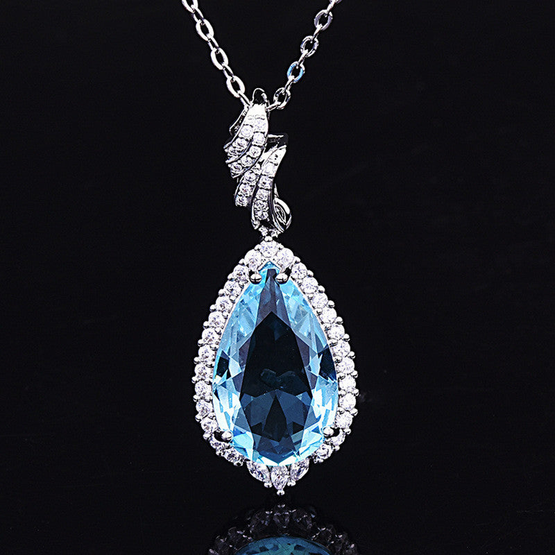 Silver Plated Anti Tarnish American Diamond Crushed Ice Cut Blue Teardrop Shape Contemporary Pendant - MySmartBazaar