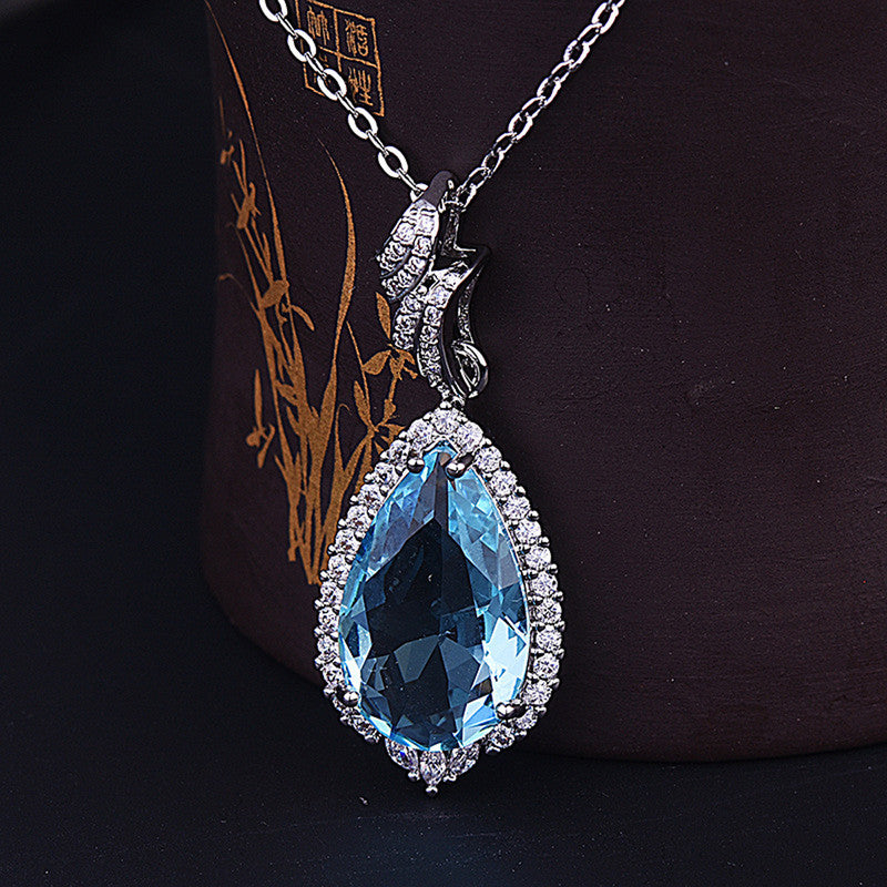 Silver Plated Anti Tarnish American Diamond Crushed Ice Cut Blue Teardrop Shape Contemporary Pendant - MySmartBazaar