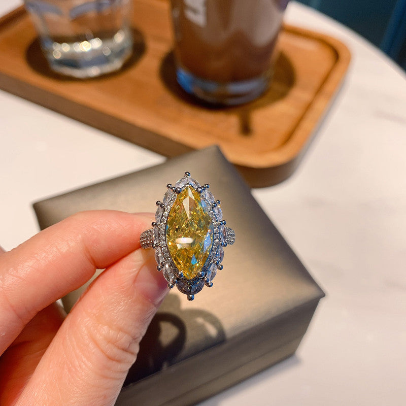 Silver Plated Anti Tarnish American Diamond Crushed Ice Cut Yellow Cocktail Finger Ring - MySmartBazaar