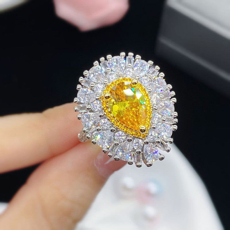 Silver Plated Anti Tarnish American Diamond Crushed Ice Cut Yellow Teardrop Cocktail Finger Ring - MySmartBazaar