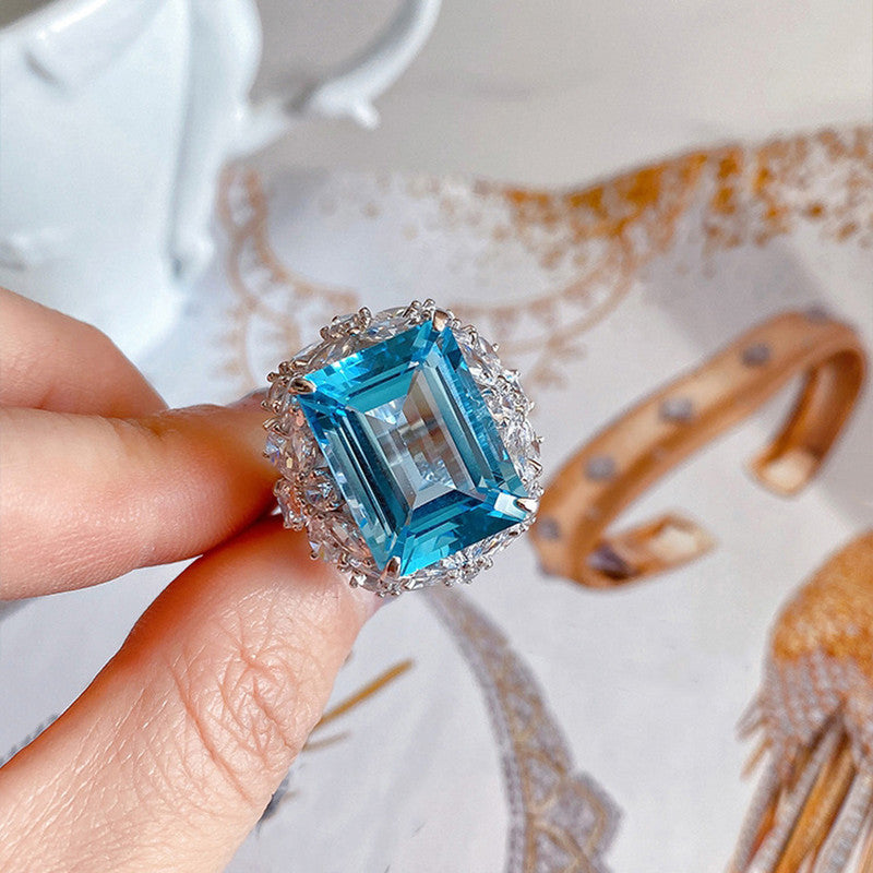Silver Plated Anti Tarnish American Diamond Crushed Ice Cut Blue Rectangular Contemporary Finger Ring - MySmartBazaar