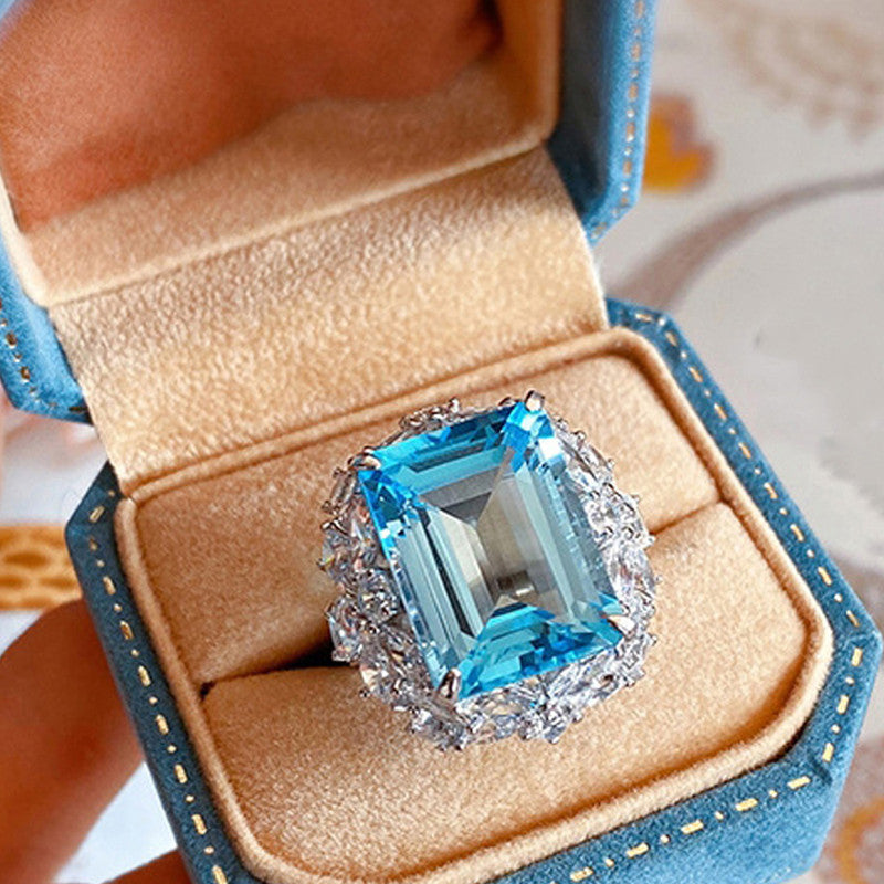 Silver Plated Anti Tarnish American Diamond Crushed Ice Cut Blue Rectangular Contemporary Finger Ring - MySmartBazaar