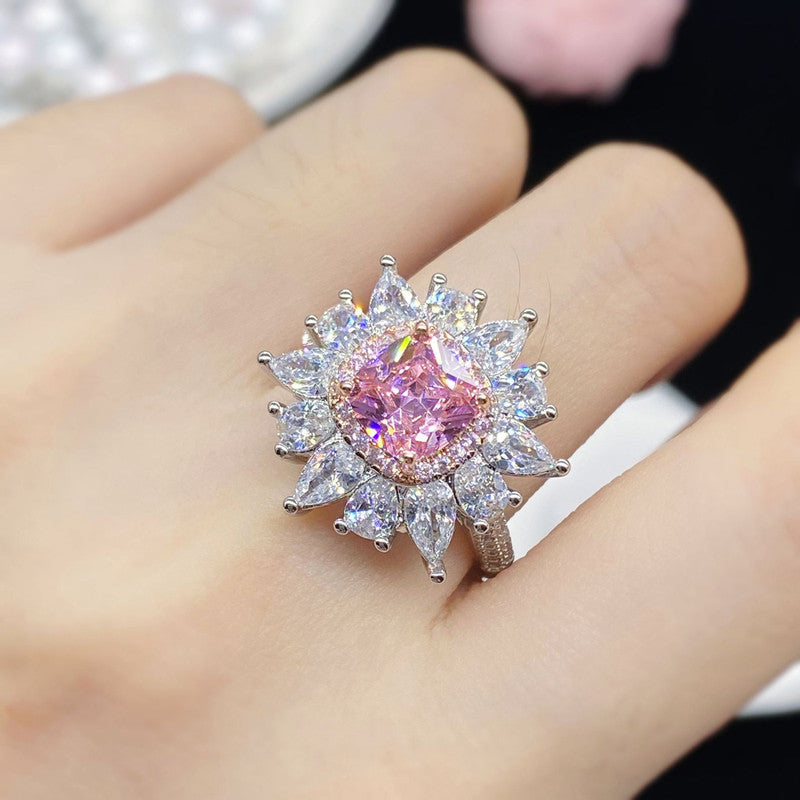 Silver Plated Anti Tarnish American Diamond Crushed Ice Cut Pink Floral Cocktail Finger Ring - MySmartBazaar