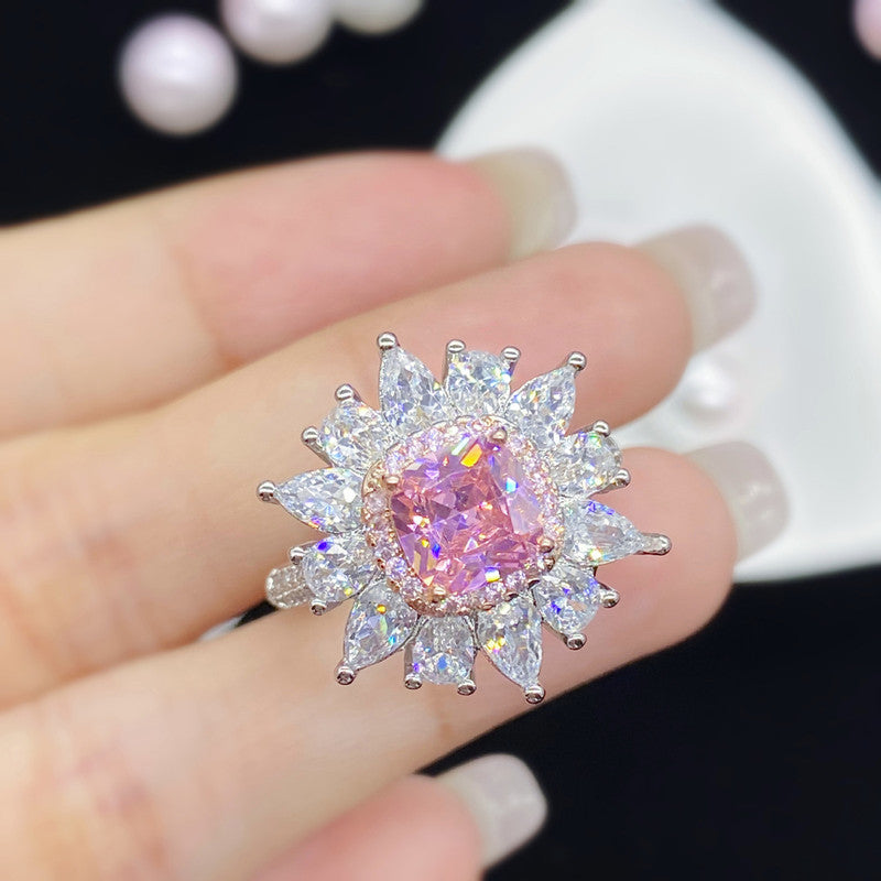 Silver Plated Anti Tarnish American Diamond Crushed Ice Cut Pink Floral Cocktail Finger Ring - MySmartBazaar
