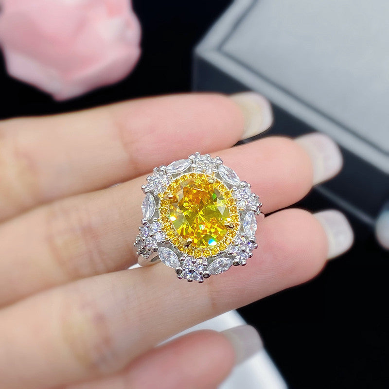 Silver Plated Anti Tarnish American Diamond Crushed Ice Cut Yellow Oval Cocktail Finger Ring - MySmartBazaar