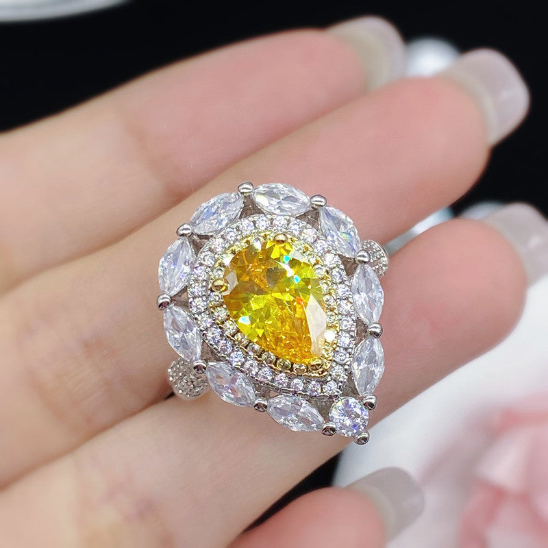 Silver Plated Anti Tarnish American Diamond Crushed Ice Cut Yellow Teardrop Cocktail Style Finger Ring - MySmartBazaar