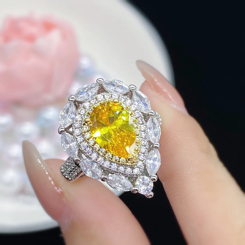 Silver Plated Anti Tarnish American Diamond Crushed Ice Cut Yellow Teardrop Cocktail Style Finger Ring - MySmartBazaar