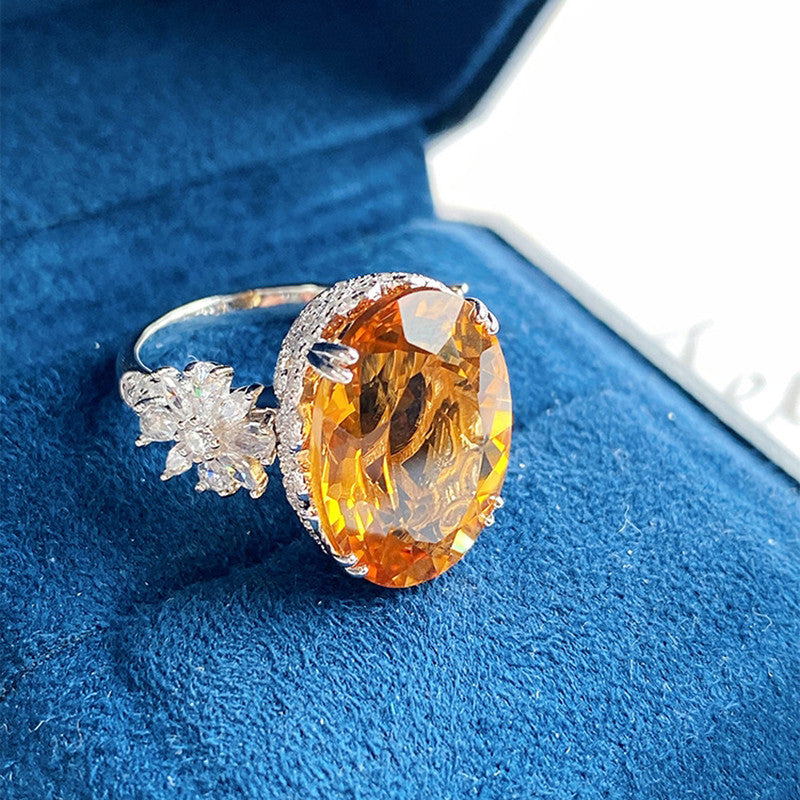 Silver Plated Anti Tarnish American Diamond Crushed Ice Cut Yellow Oval Finger Ring - MySmartBazaar