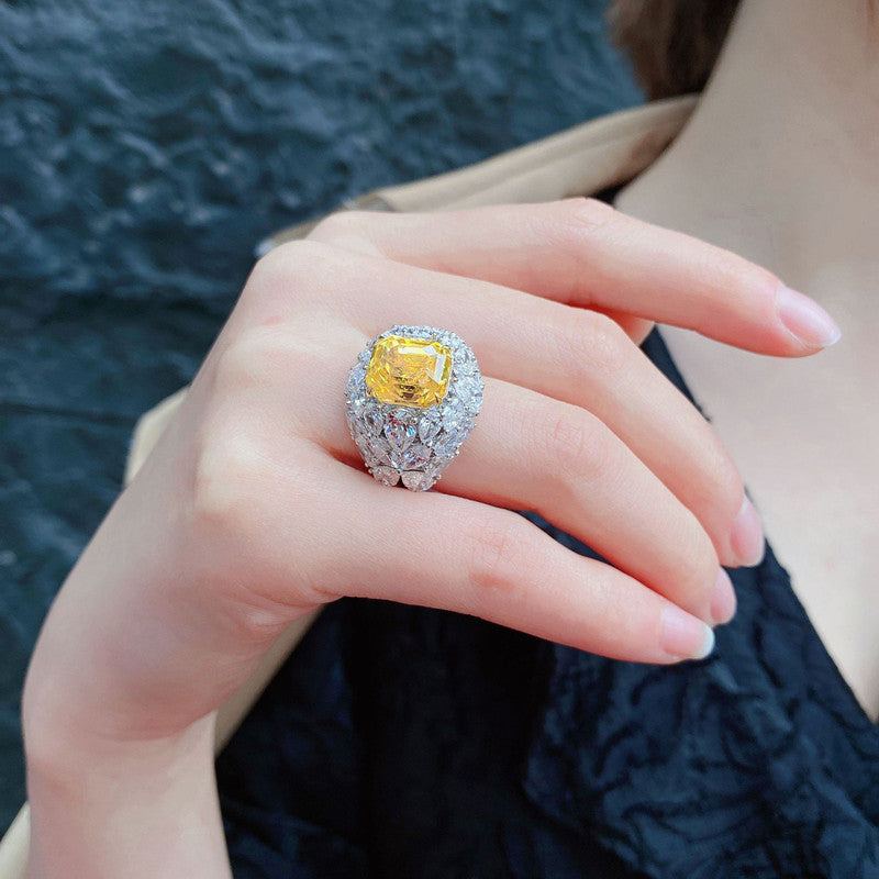 Silver Plated Anti Tarnish American Diamond Crushed Ice Cut Yellow Square Finger Ring - MySmartBazaar