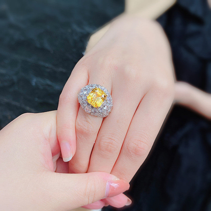 Silver Plated Anti Tarnish American Diamond Crushed Ice Cut Yellow Square Finger Ring - MySmartBazaar