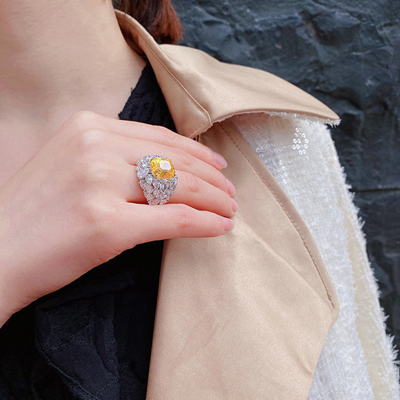 Silver Plated Anti Tarnish American Diamond Crushed Ice Cut Yellow Square Finger Ring - MySmartBazaar