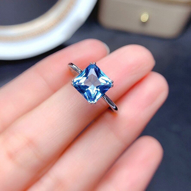 Silver Plated Anti Tarnish American Diamond Crushed Ice Cut Blue Square Finger Ring - MySmartBazaar