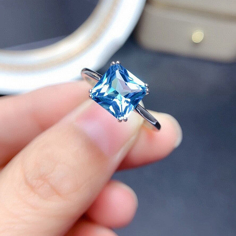 Silver Plated Anti Tarnish American Diamond Crushed Ice Cut Blue Square Finger Ring - MySmartBazaar