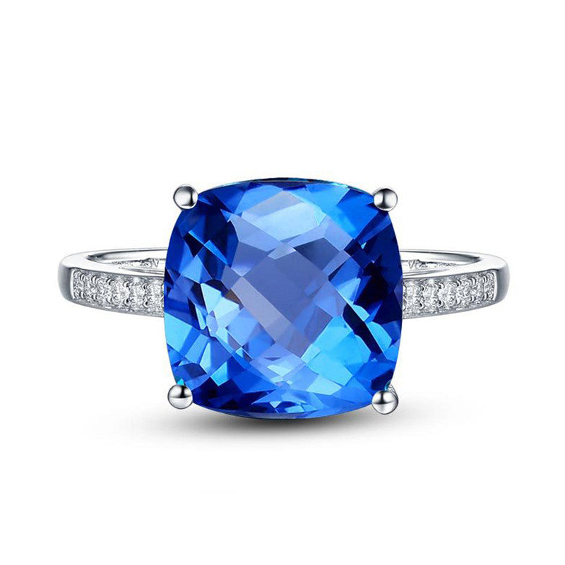 Silver Plated Anti Tarnish American Diamond Crushed Ice Cut Navy Blue Square Finger Ring - MySmartBazaar