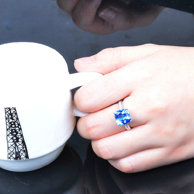 Silver Plated Anti Tarnish American Diamond Crushed Ice Cut Navy Blue Square Finger Ring - MySmartBazaar