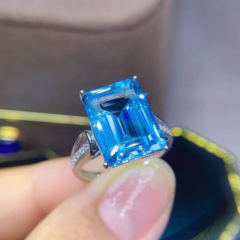 Silver Plated Anti Tarnish American Diamond Crushed Ice Cut Blue Rectangular Finger Ring - MySmartBazaar