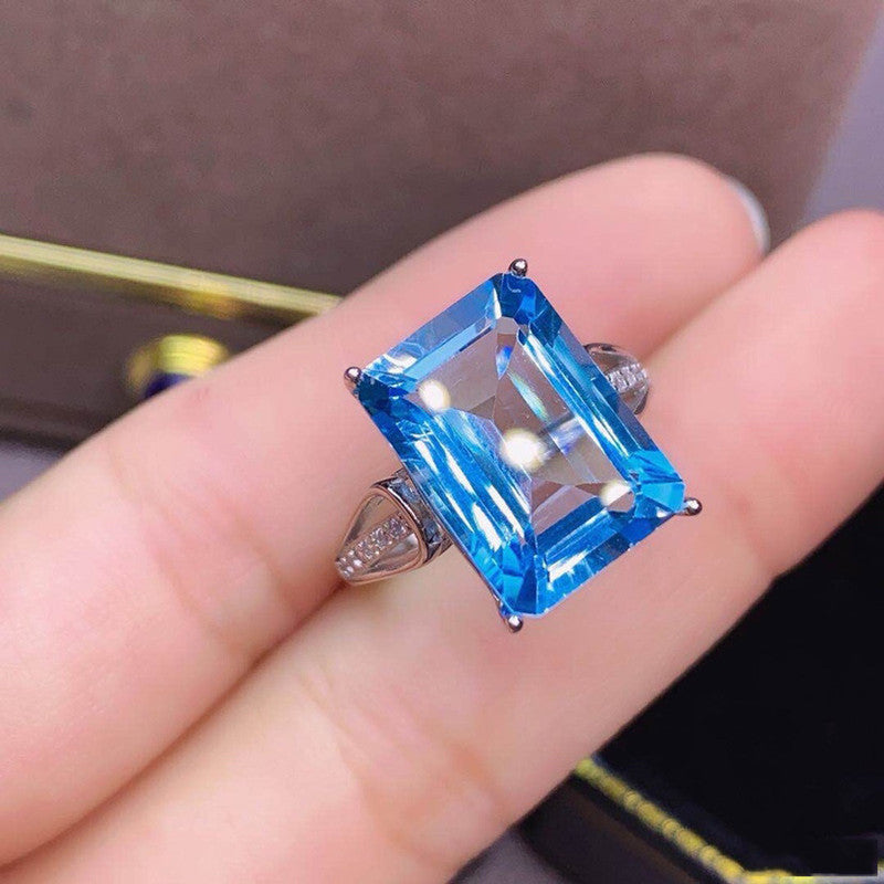 Silver Plated Anti Tarnish American Diamond Crushed Ice Cut Blue Rectangular Finger Ring - MySmartBazaar