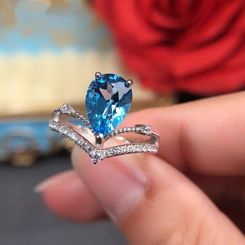 Silver Plated Anti Tarnish American Diamond Crushed Ice Cut Blue Teardrop Finger Ring - MySmartBazaar