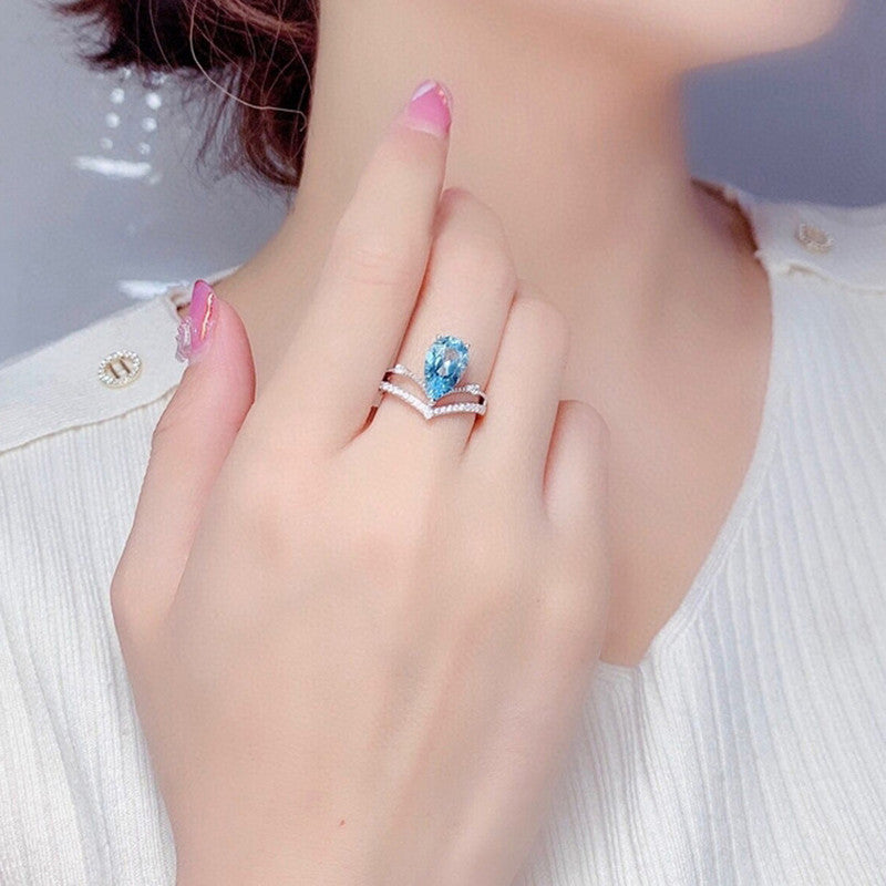 Silver Plated Anti Tarnish American Diamond Crushed Ice Cut Blue Teardrop Finger Ring - MySmartBazaar