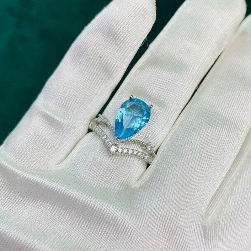 Silver Plated Anti Tarnish American Diamond Crushed Ice Cut Blue Teardrop Finger Ring - MySmartBazaar