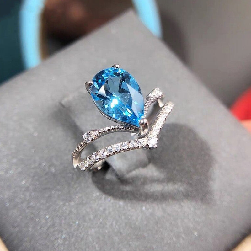 Silver Plated Anti Tarnish American Diamond Crushed Ice Cut Blue Teardrop Finger Ring - MySmartBazaar