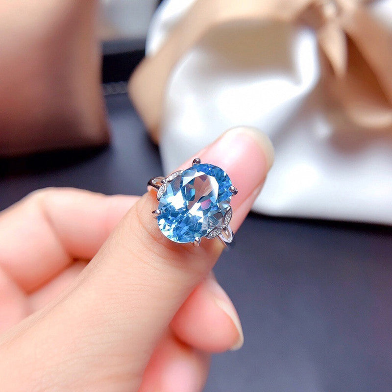 Silver Plated Anti Tarnish American Diamond Crushed Ice Cut Blue Oval Finger Ring - MySmartBazaar