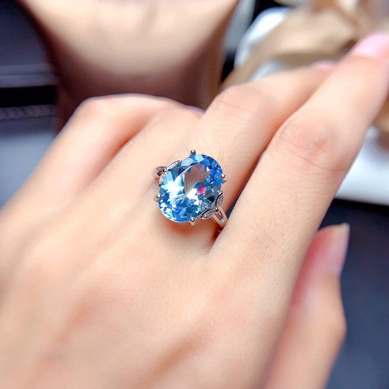 Silver Plated Anti Tarnish American Diamond Crushed Ice Cut Blue Oval Finger Ring - MySmartBazaar