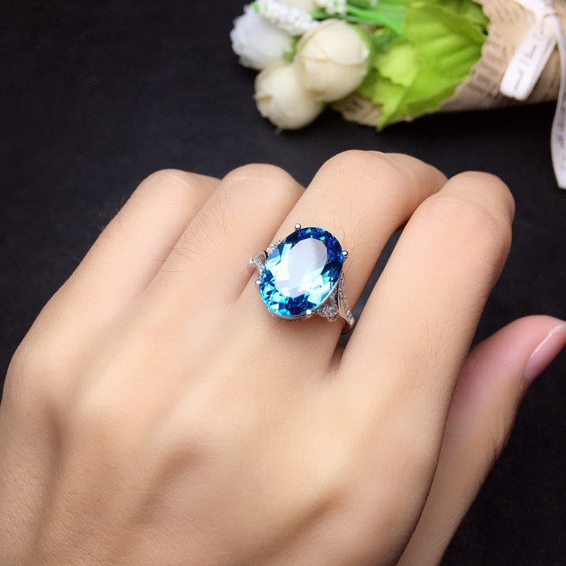 Silver Plated Anti Tarnish American Diamond Crushed Ice Cut Blue Oval Finger Ring - MySmartBazaar