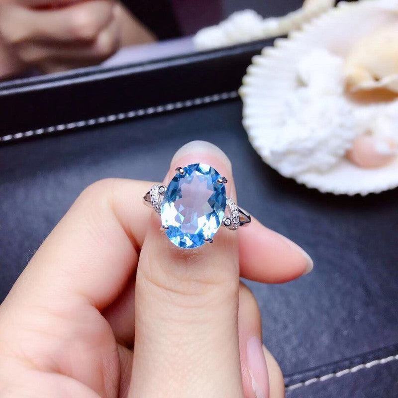 Silver Plated Anti Tarnish American Diamond Crushed Ice Cut Blue Oval Finger Ring - MySmartBazaar