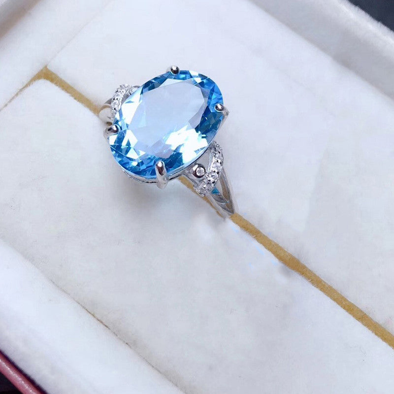 Silver Plated Anti Tarnish American Diamond Crushed Ice Cut Blue Oval Finger Ring - MySmartBazaar