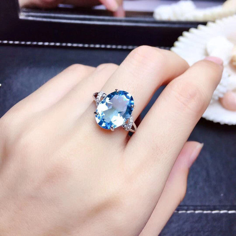 Silver Plated Anti Tarnish American Diamond Crushed Ice Cut Blue Oval Finger Ring - MySmartBazaar