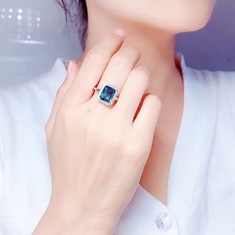 Silver Plated Anti Tarnish American Diamond Crushed Ice Cut Blue Rectangular Finger Ring - MySmartBazaar