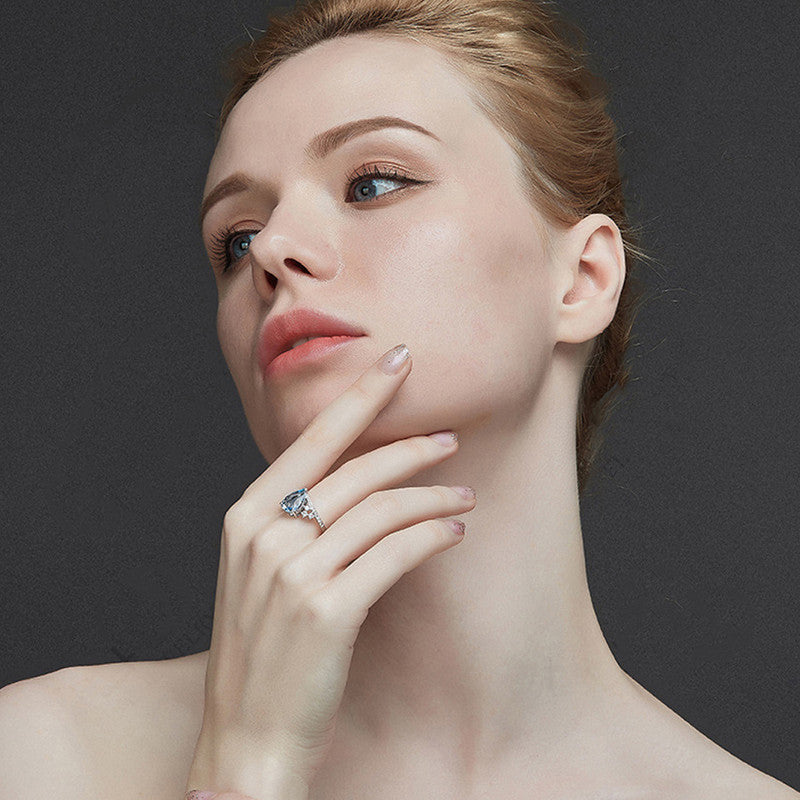 Silver Plated Anti Tarnish American Diamond Crushed Ice Cut Blue Teardrop Style Finger Ring - MySmartBazaar
