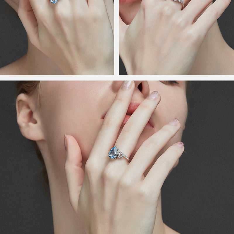 Silver Plated Anti Tarnish American Diamond Crushed Ice Cut Blue Teardrop Style Finger Ring - MySmartBazaar