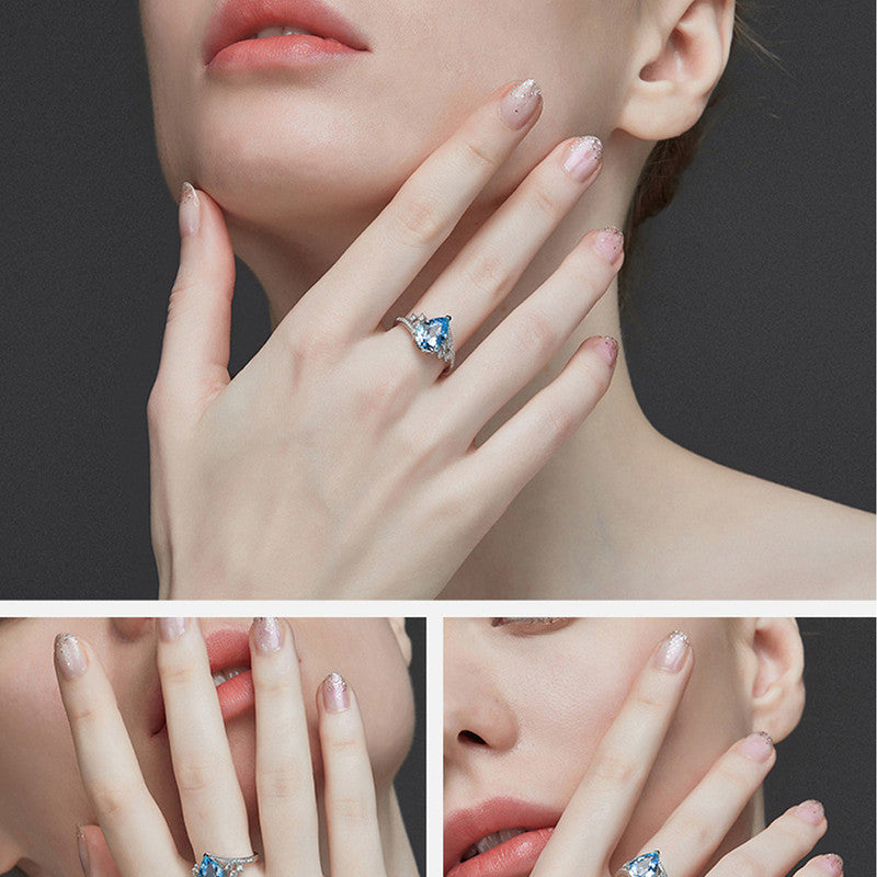 Silver Plated Anti Tarnish American Diamond Crushed Ice Cut Blue Teardrop Style Finger Ring - MySmartBazaar