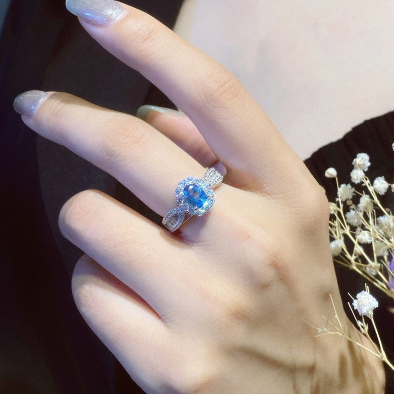 Silver Plated Anti Tarnish American Diamond Crushed Ice Cut Blue Oval Contemporary Finger Ring - MySmartBazaar