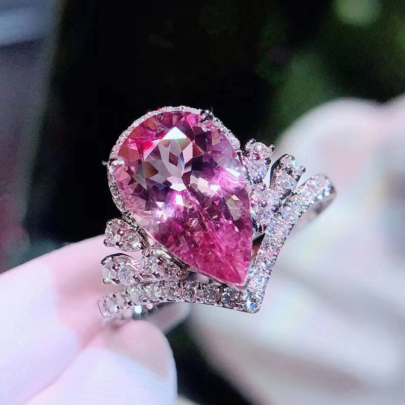 Silver Plated Anti Tarnish American Diamond Crushed Ice Cut Pink Teardrop Style Finger Ring - MySmartBazaar