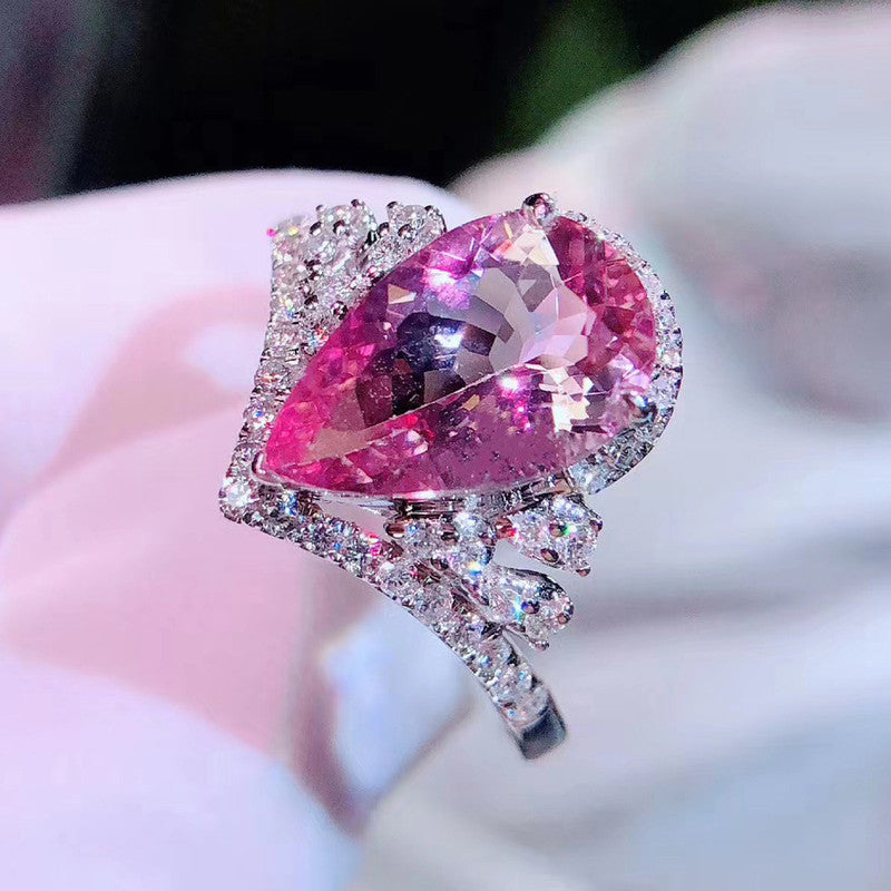 Silver Plated Anti Tarnish American Diamond Crushed Ice Cut Pink Teardrop Style Finger Ring - MySmartBazaar