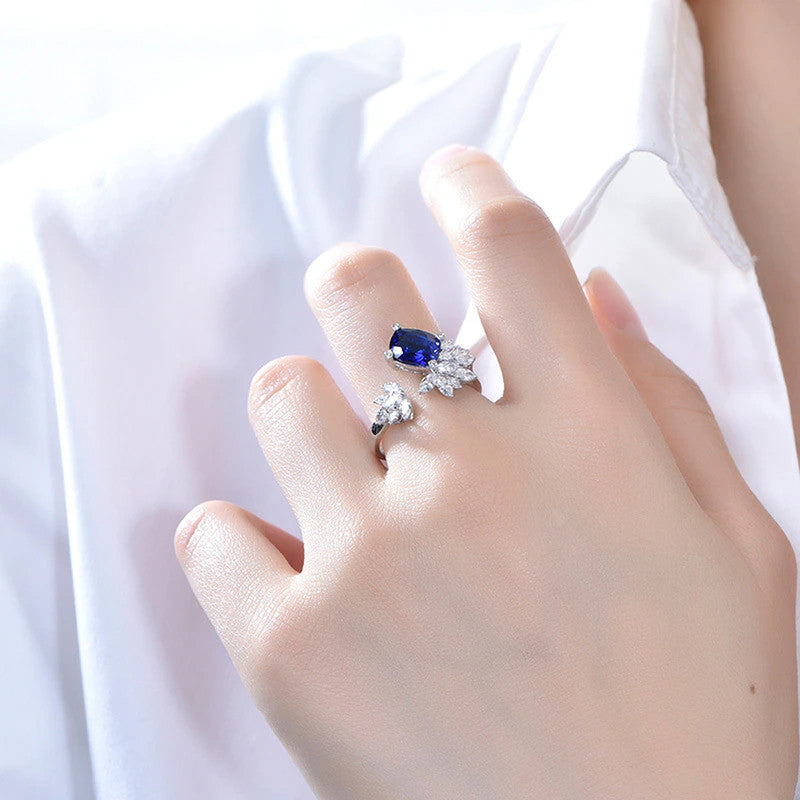 Silver Plated Anti Tarnish American Diamond Crushed Ice Cut Navy Blue Contemporary Finger Ring - MySmartBazaar