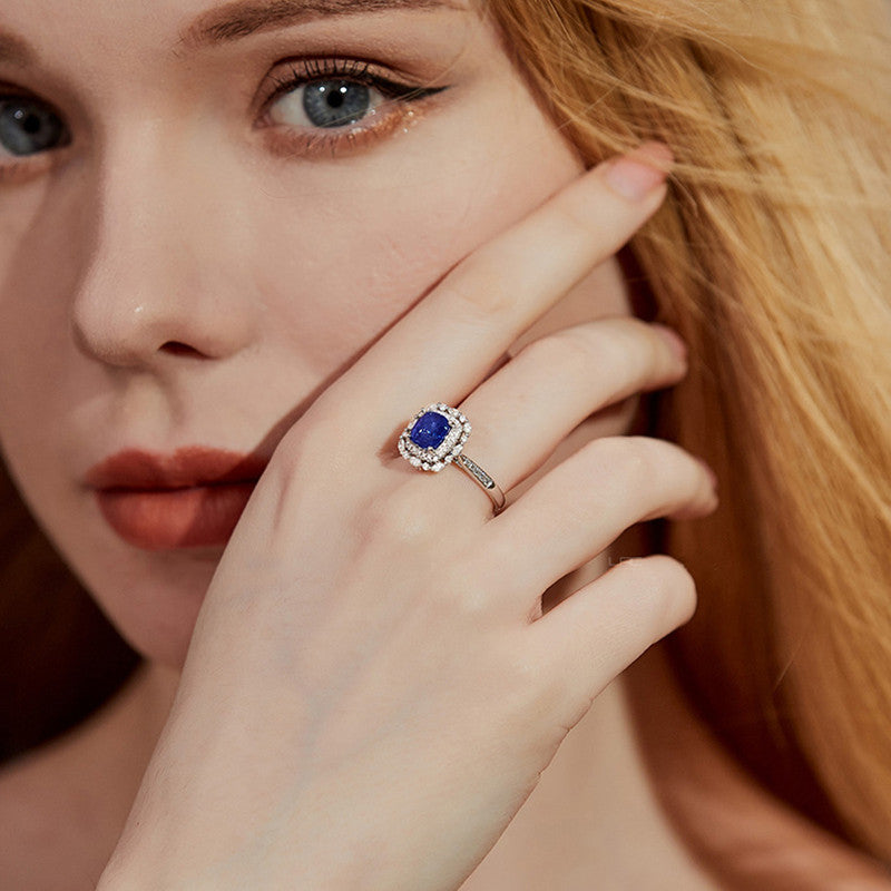 Silver Plated Anti Tarnish American Diamond Crushed Ice Cut Navy Blue Square Contemporary Finger Ring - MySmartBazaar