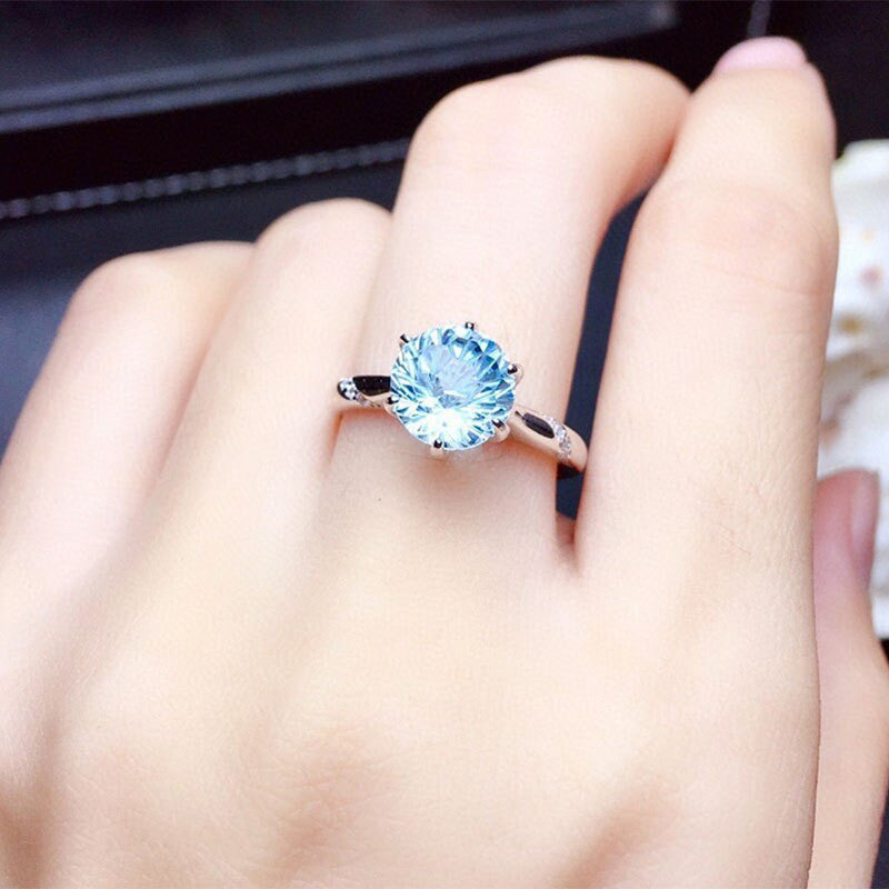 Silver Plated Anti Tarnish American Diamond Crushed Ice Cut Blue Circular Contemporary Finger Ring - MySmartBazaar