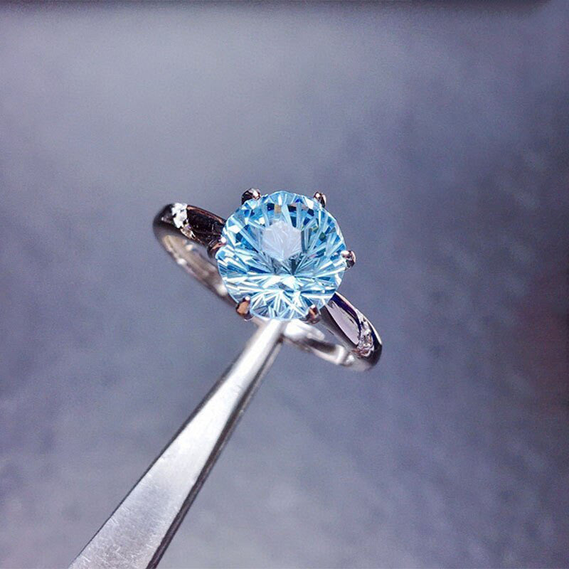 Silver Plated Anti Tarnish American Diamond Crushed Ice Cut Blue Circular Contemporary Finger Ring - MySmartBazaar