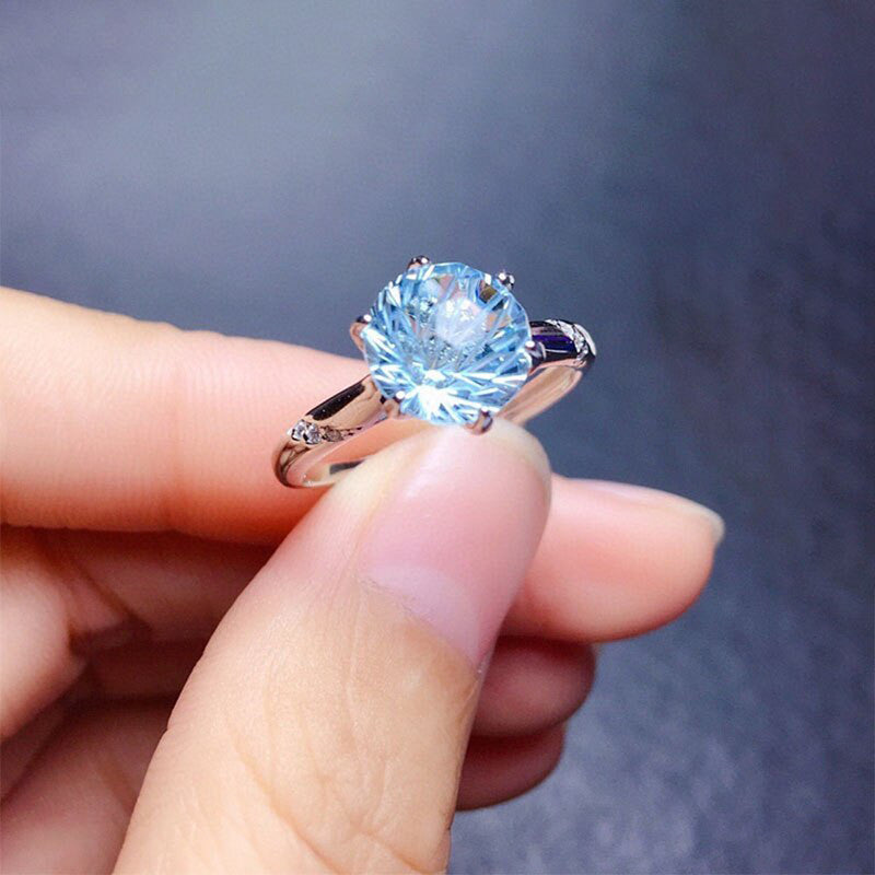 Silver Plated Anti Tarnish American Diamond Crushed Ice Cut Blue Circular Contemporary Finger Ring - MySmartBazaar
