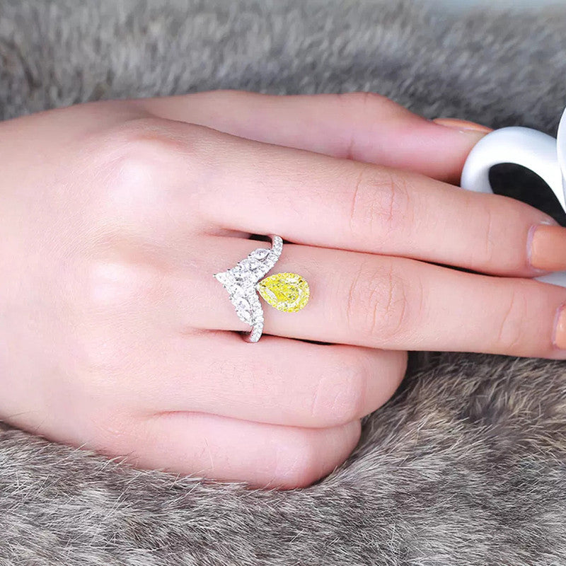 Silver Plated Anti Tarnish American Diamond Crushed Ice Cut Yellow Teardrop Finger Ring - MySmartBazaar