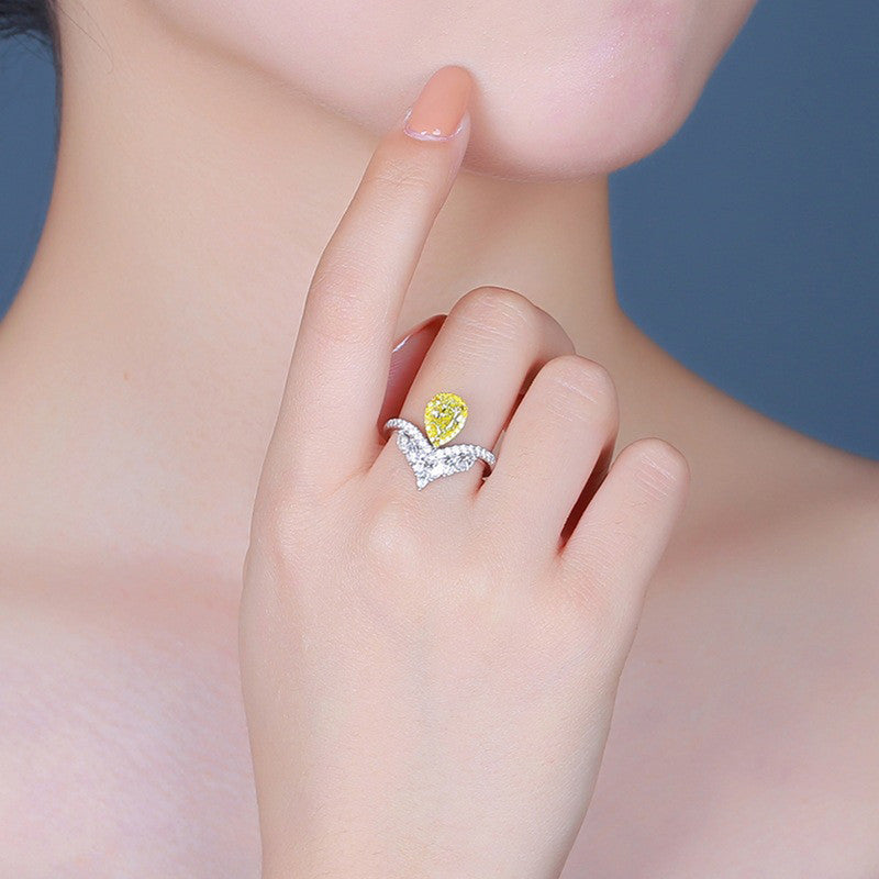 Silver Plated Anti Tarnish American Diamond Crushed Ice Cut Yellow Teardrop Finger Ring - MySmartBazaar