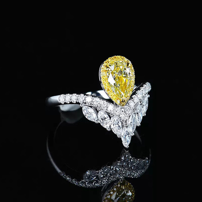 Silver Plated Anti Tarnish American Diamond Crushed Ice Cut Yellow Teardrop Finger Ring - MySmartBazaar
