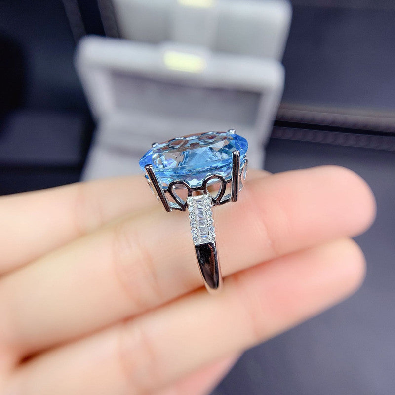 Silver Plated Anti Tarnish American Diamond Crushed Ice Cut Blue Oval Finger Ring - MySmartBazaar